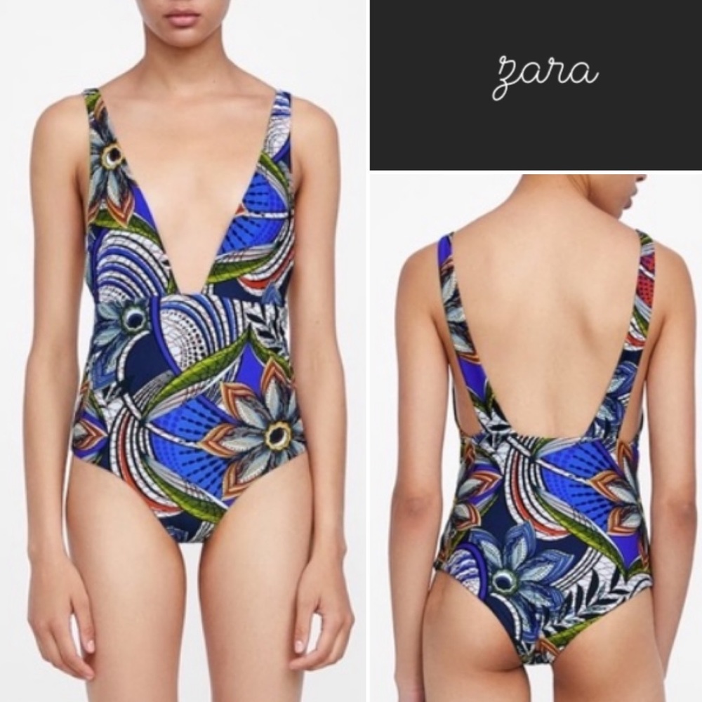 Zara Floral Print One Piece Swimsuit NWT Blue • L